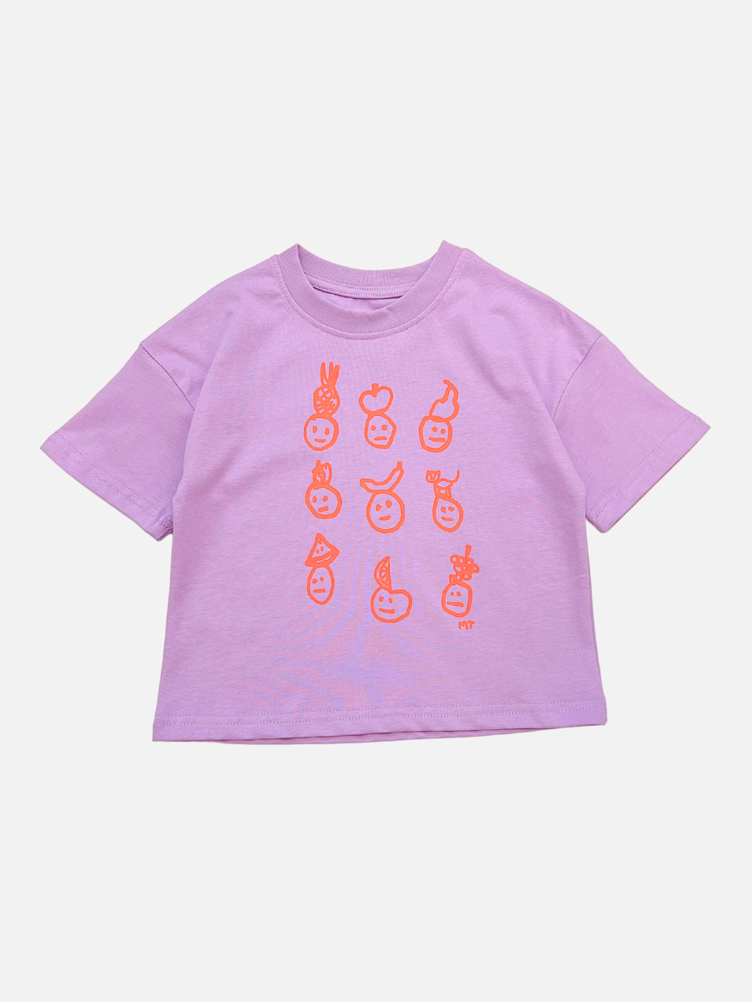 A front view of the kids' Fruit Face tee in Violet. Printed faces are wearing fruit hats, all in orange color. 