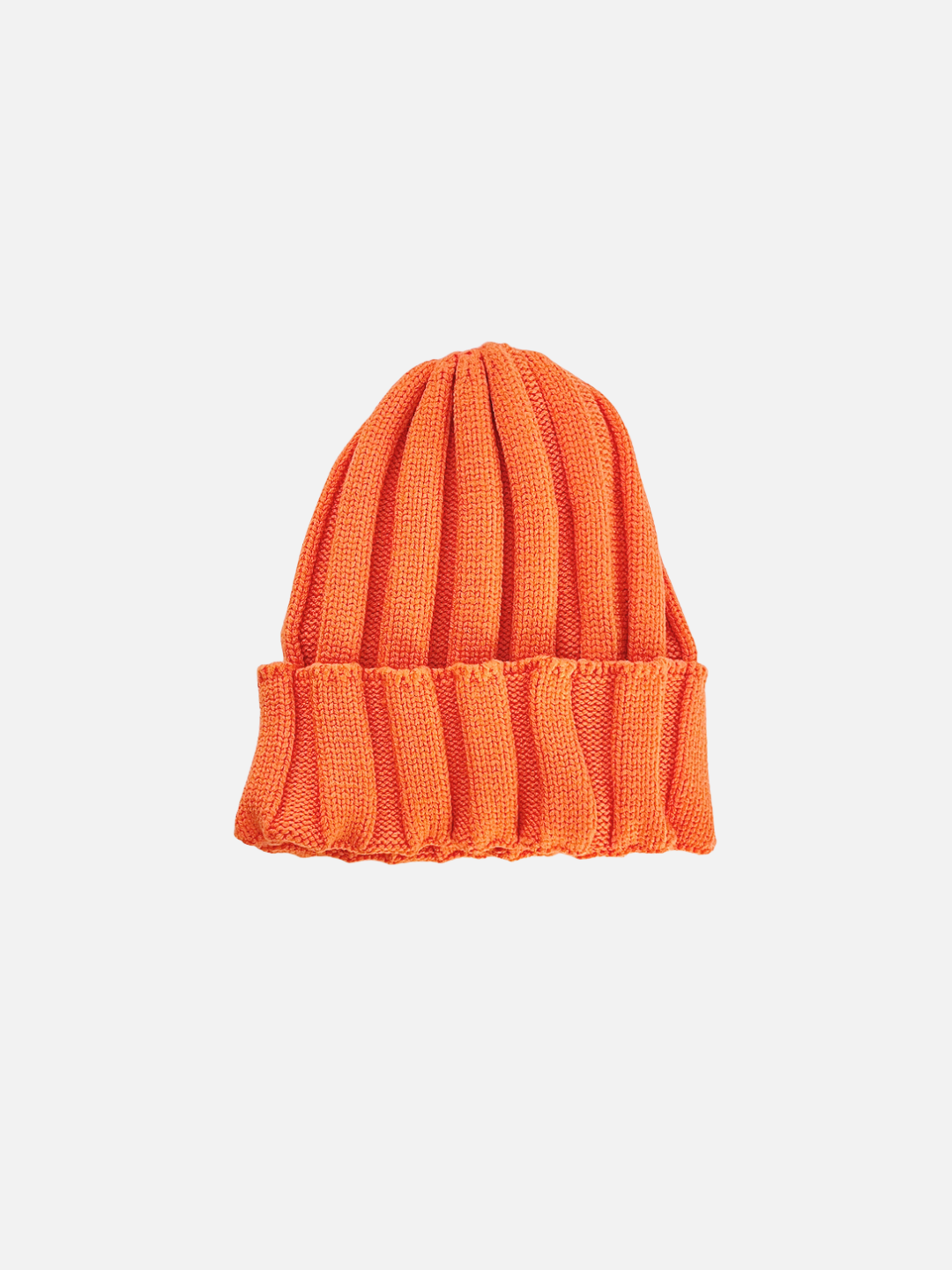 Orange | Orange knit beanie on a light gray background