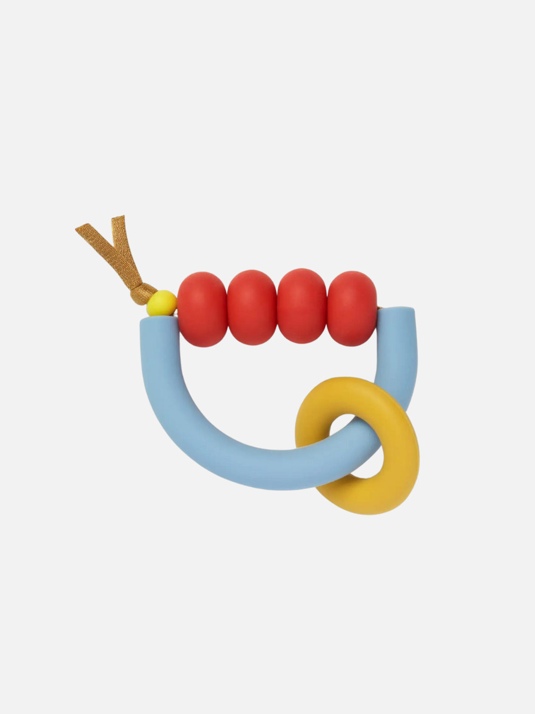 Teether with yellow ring on pale blue semicircle, four red beads strung across the top