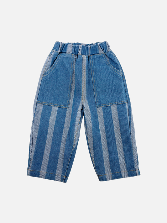 Image of Medium Wash | The STRIPE DOUBLE TROUBLE JEANS, in a medium wash, boast an elasticated waistband, two front pockets, and a relaxed fit for the ultimate comfort.
