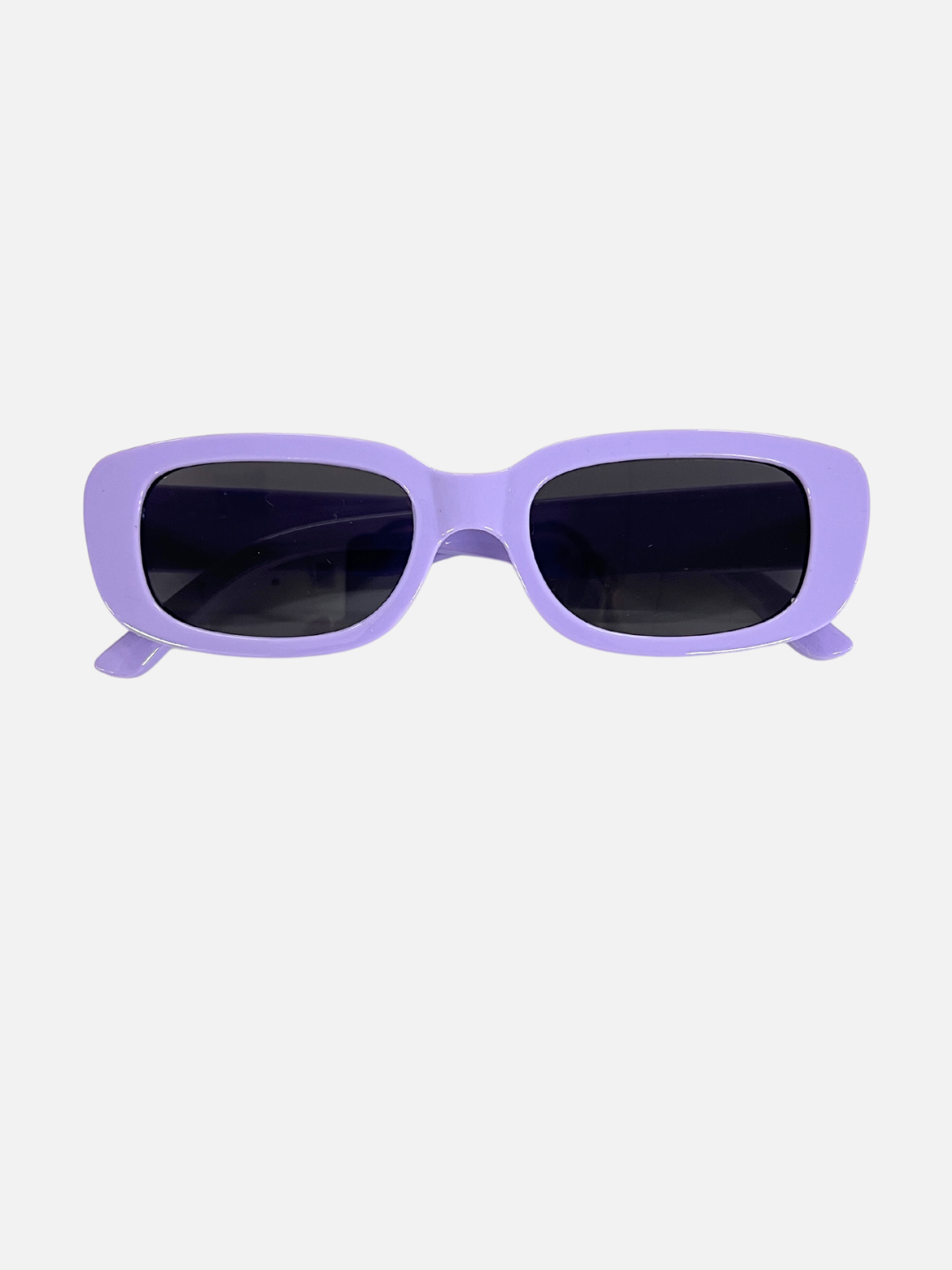 Lavender | SANTA CRUZ SUNGLASSES, suitable for ages 2-6, feature lavender rectangular frames with UV400 lenses and rest against a white background.