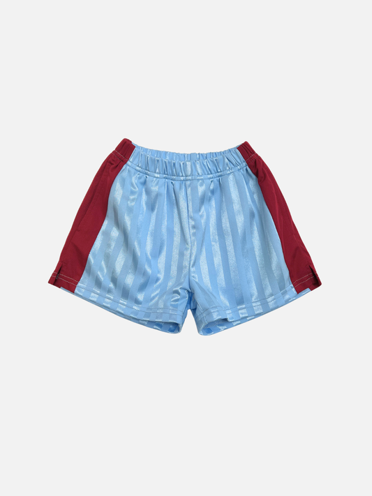 Image of Front view of light blue kids shorts in shiny sport mesh fabric with maroon red side stripes on a light gray background
