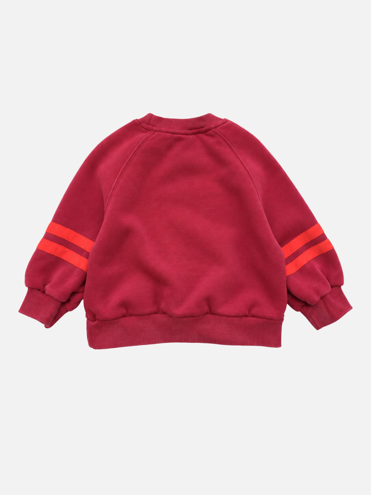 Red | Back view of kids crewneck sweatshirt in red with two bright red-orange stripes on each sleeve