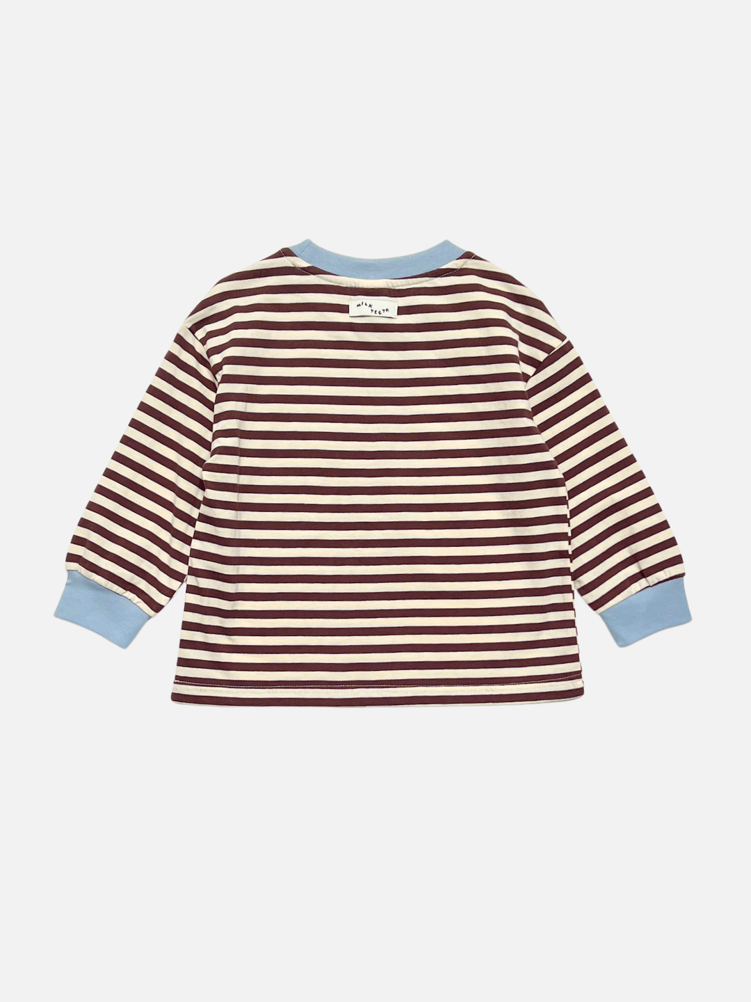 The STRIPE LONGSLEEVE showcases a relaxed fit with horizontal maroon and white stripes, finished with contrasting light blue collar and cuffs. Made from 100% cotton jersey, the shirt is photographed from the back against a white background.