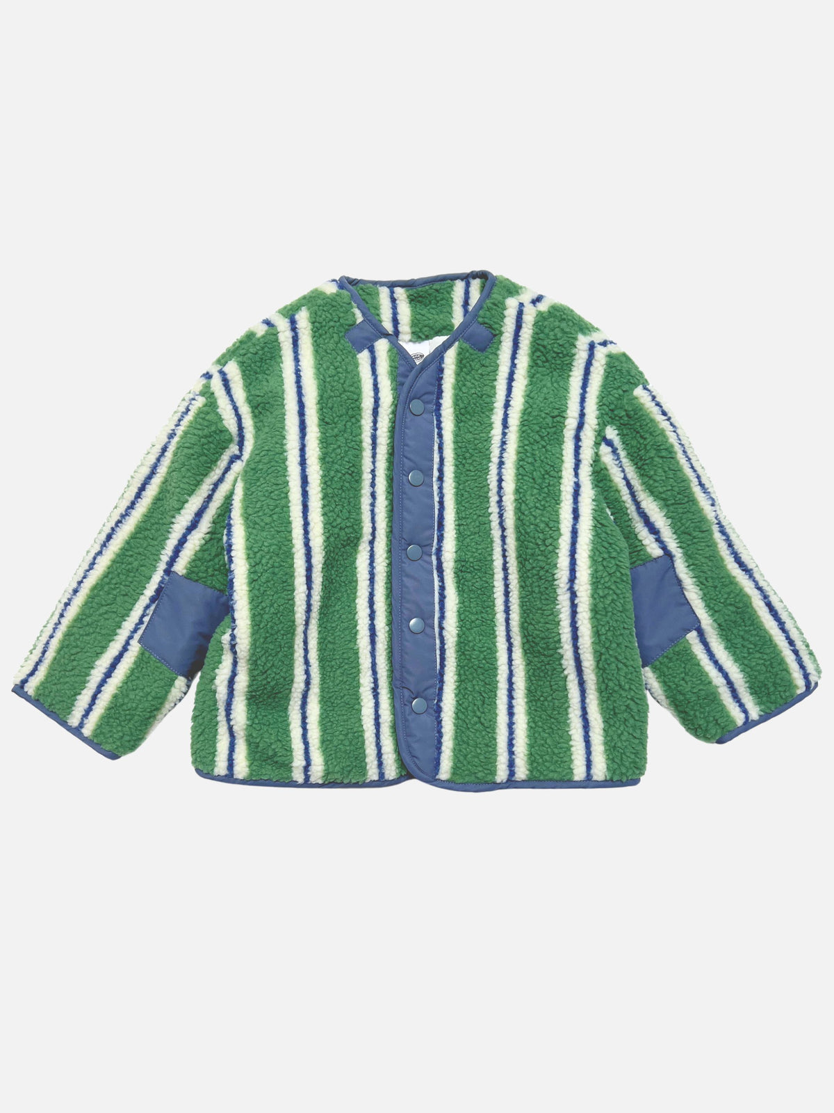 Green, cream and blue vertical-stripe sherpa jacket with a blue snap placket and blue elbow patches, shown flat from the front.