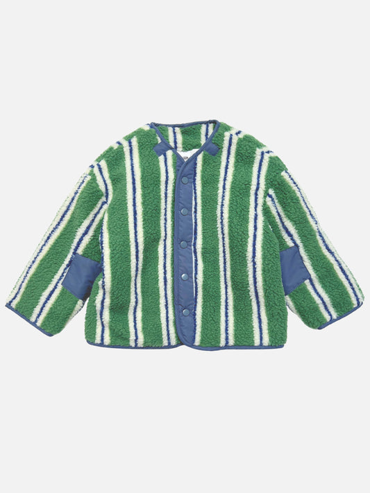 Image of Green, cream and blue vertical-stripe sherpa jacket with a blue snap placket and blue elbow patches, shown flat from the front.
