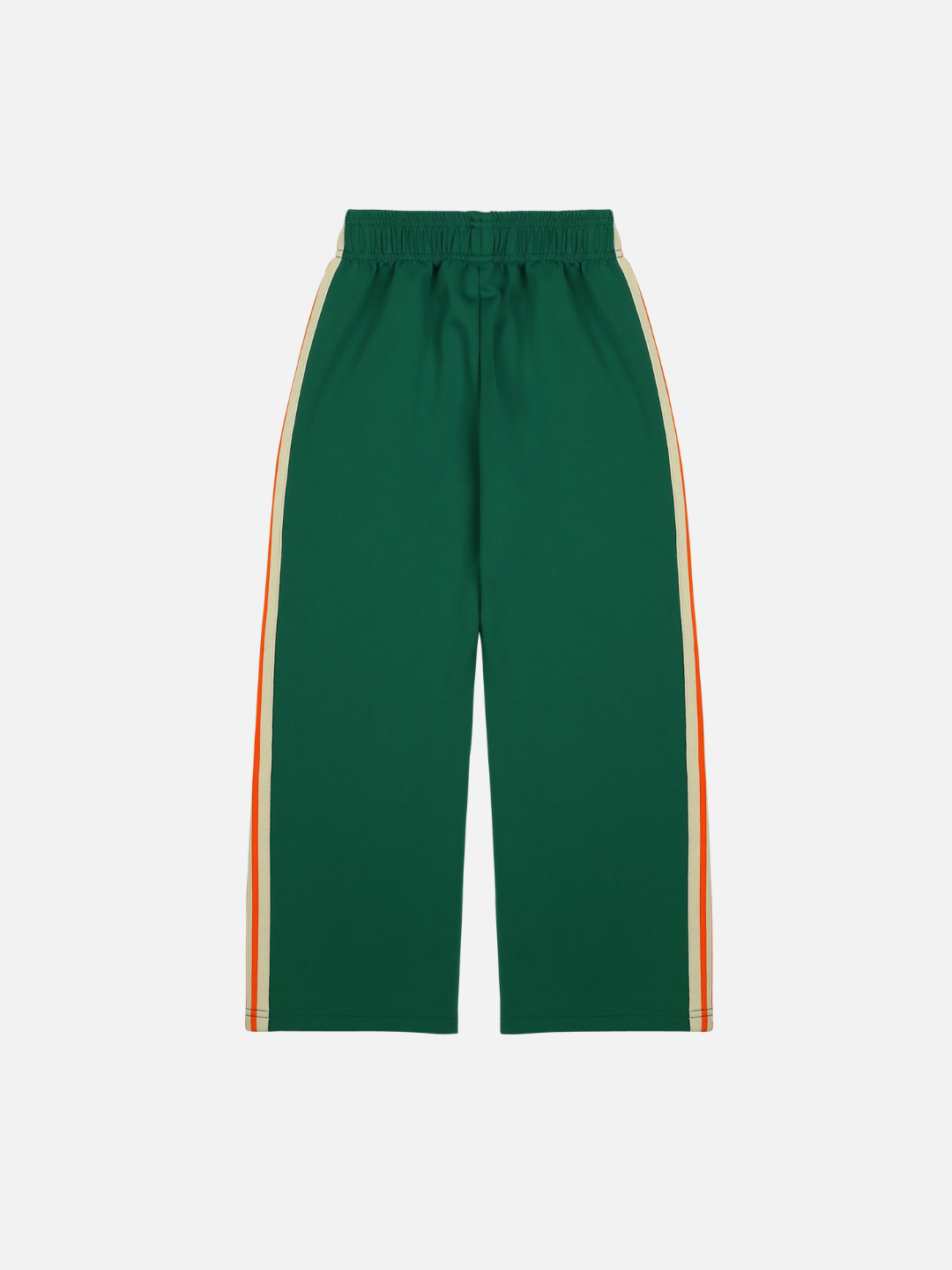 Green | THANKS TRACK PANTS featuring an elastic waistband and stylish orange and white side stripes, presented on a flat, white background. Ideal for enhancing your merchandising display!