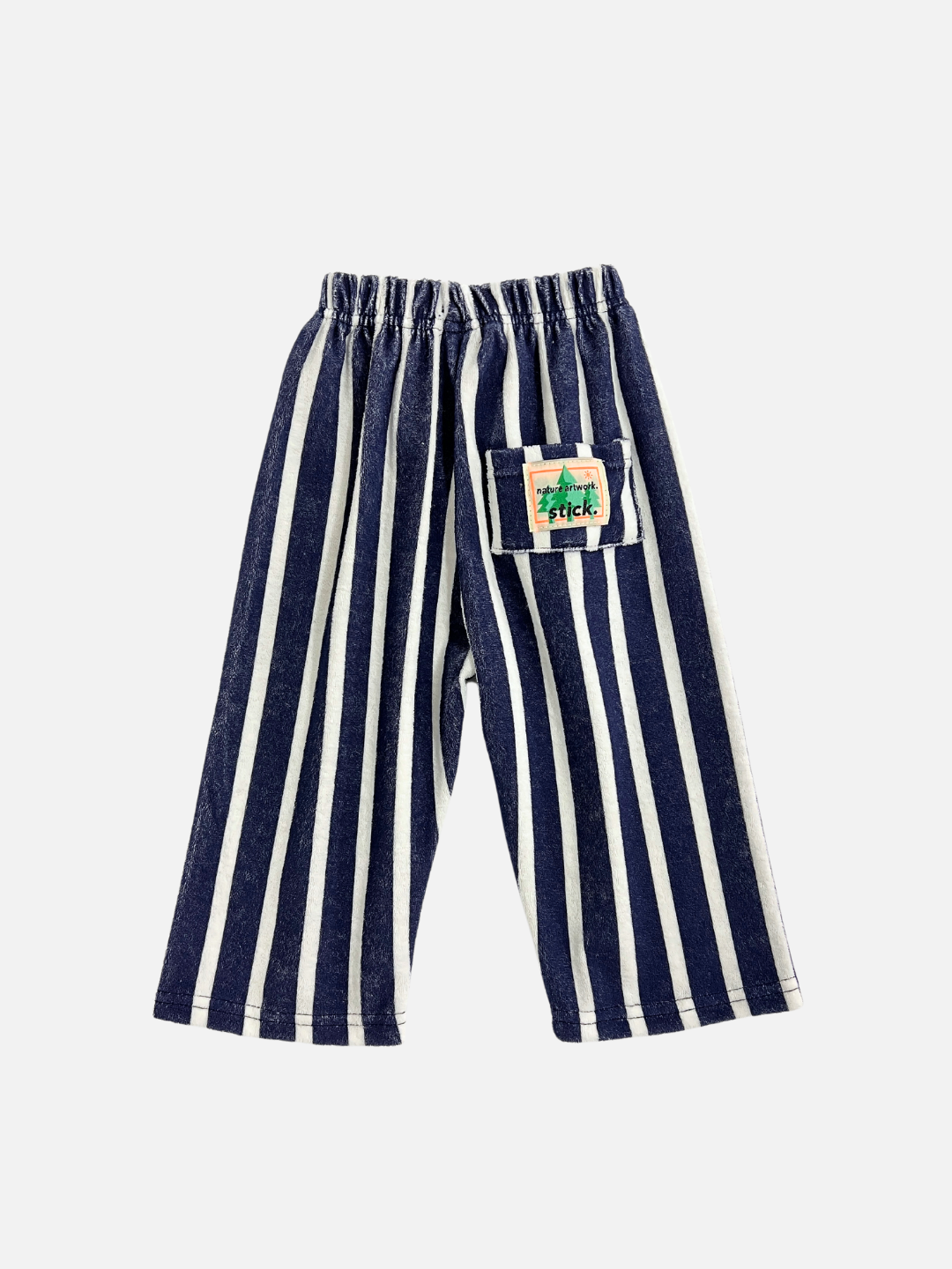 Back view of the Paint Roller Pants in Terry fabric white/navy stripes. "Stick" patch logo on the right back pocket.