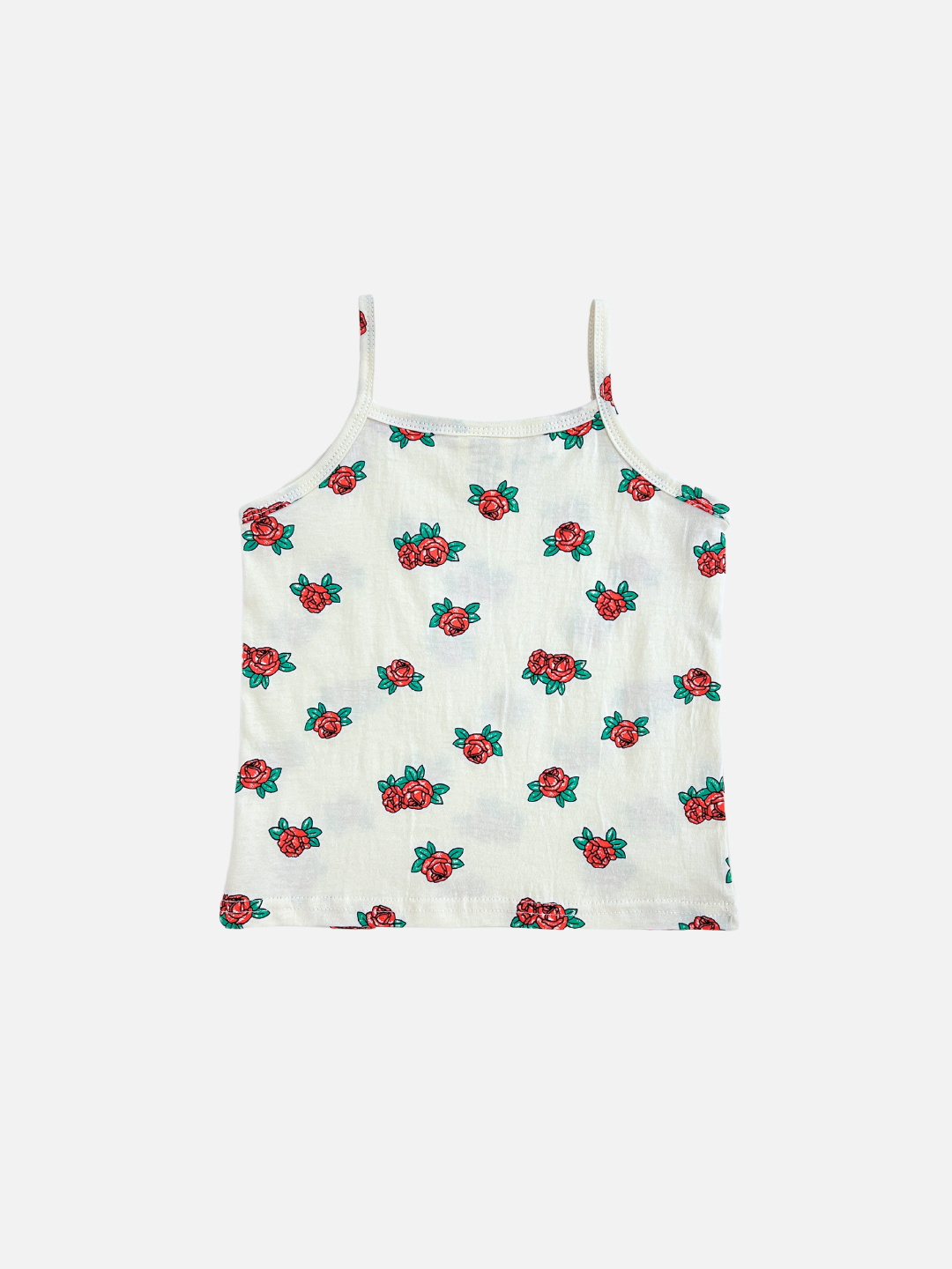 Back view of the kid's roses tank top in White with red roses all-over print