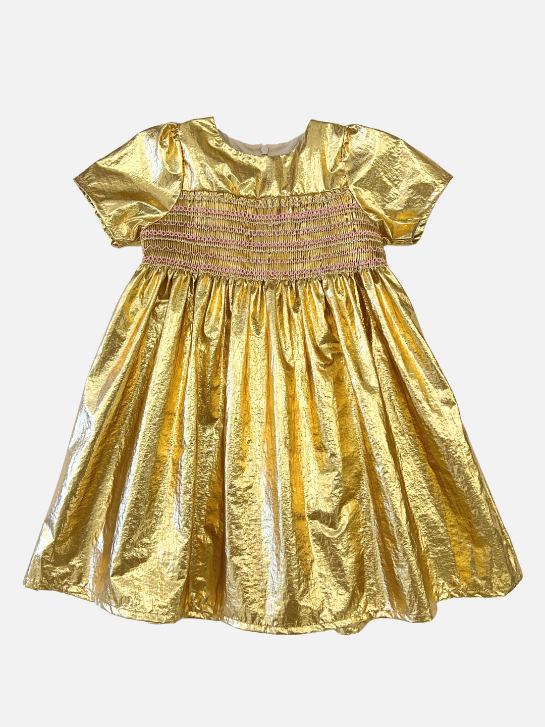 Gold | Kids party dress in yellow gold metallic fabric with a round neck, short sleeves, smocked bodice, empire waist and full skirt.