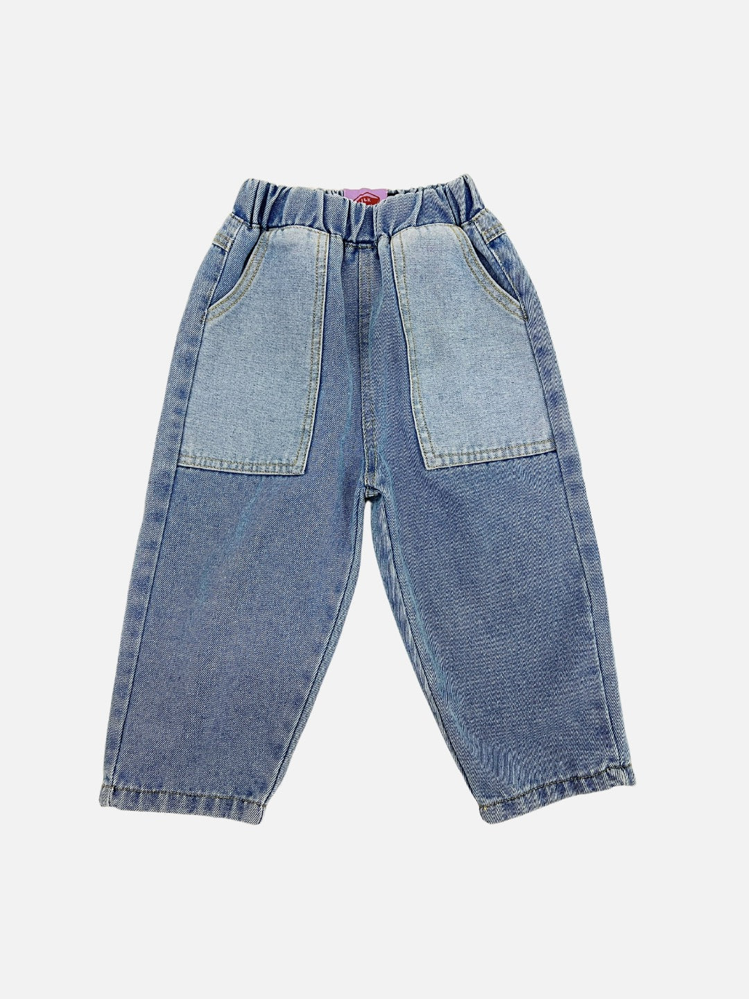 A pair of kids' jeans in mid denim with pale denim pockets