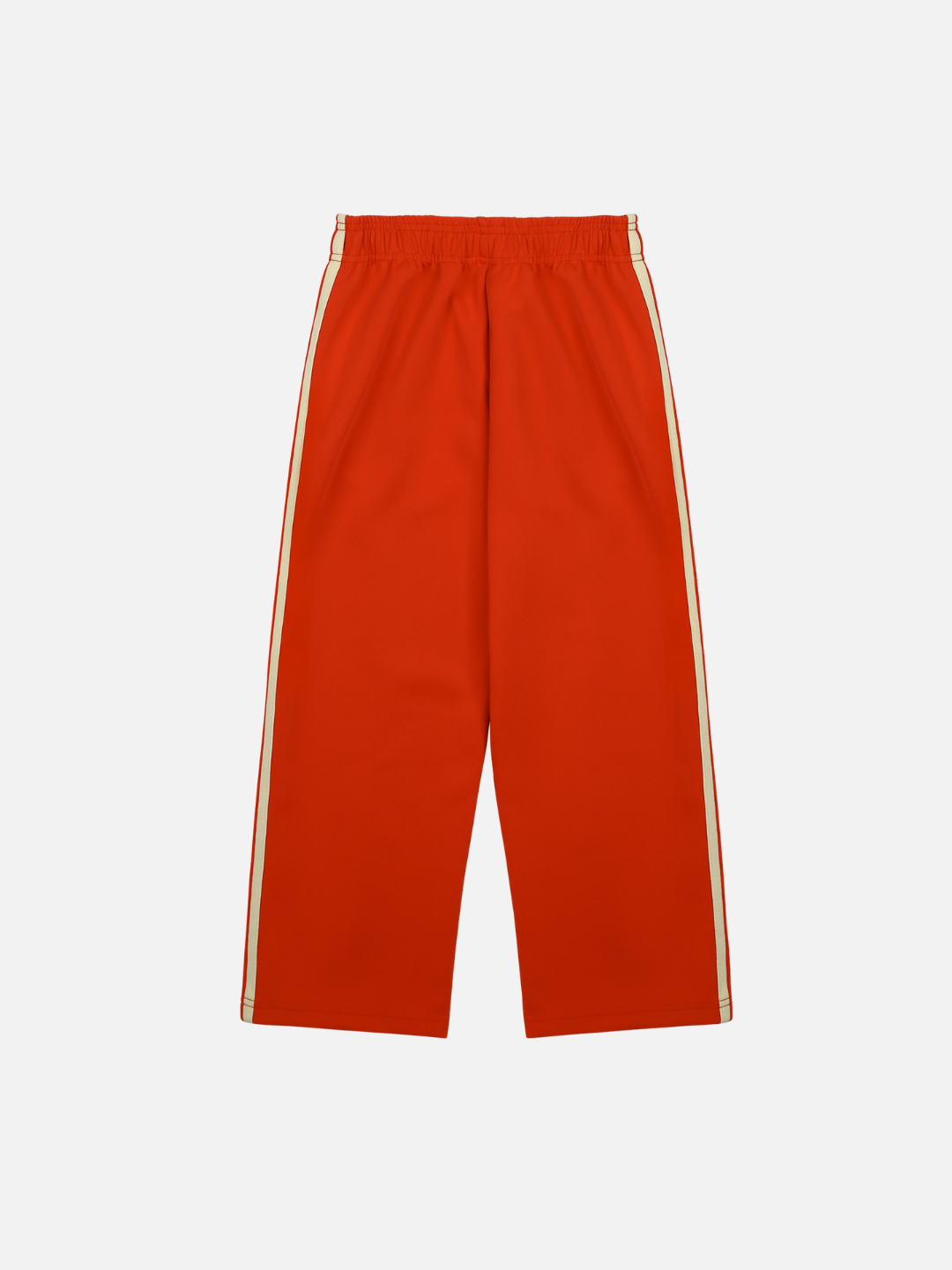 Red | The THANKS TRACK PANTS, featuring a red hue, wide legs, an elastic waistband, and white side stripes, are laid flat on a white background—perfect for merchandising displays.