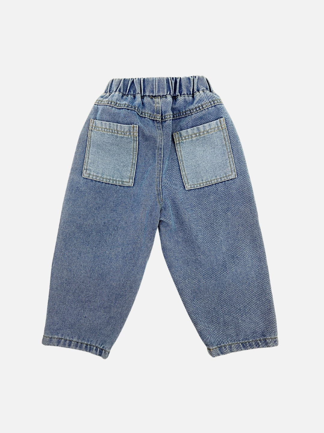 A pair of kids' jeans in mid blue denim with two lighter blue pockets, back view