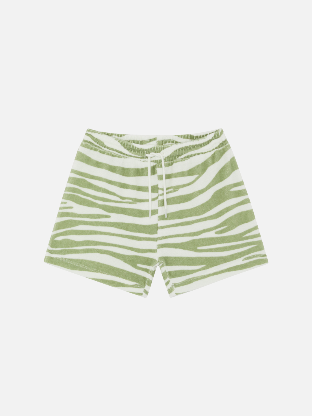 A front view of the kid's terry towel shorts in green tiger