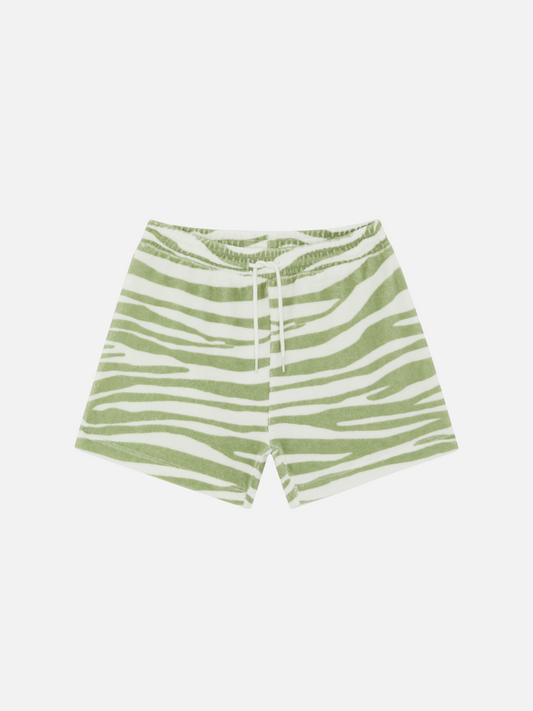 Image of Tiger | A front view of the kid's terry towel shorts in green tiger