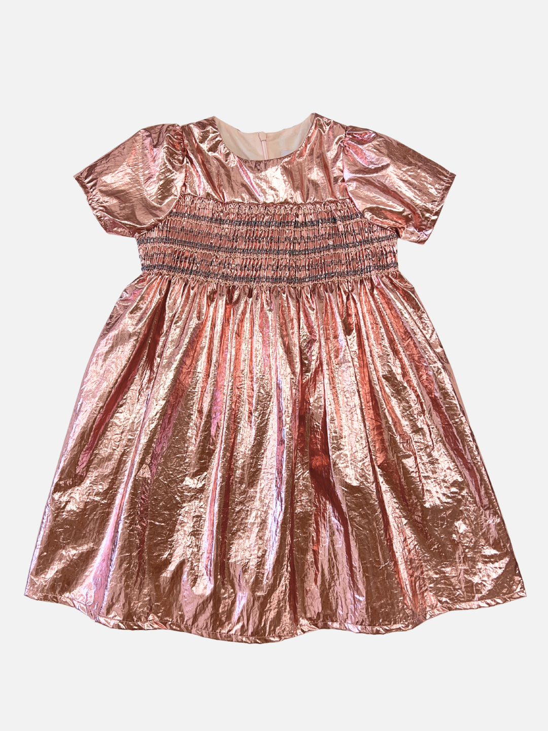 Rose | Kids party dress in pink metallic fabric with a round neck, short sleeves, smocked bodice, empire waist and full skirt.