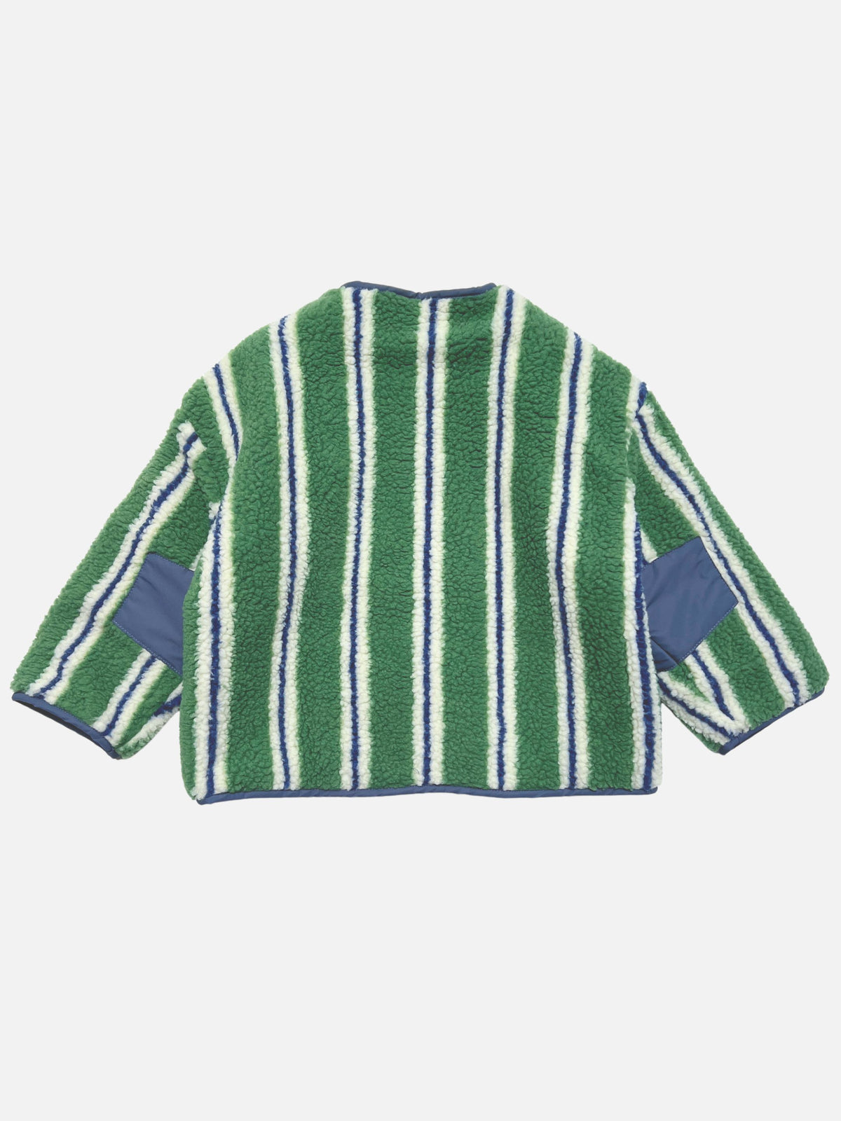 Back view of the green, cream and blue striped sherpa jacket with blue elbow patches.