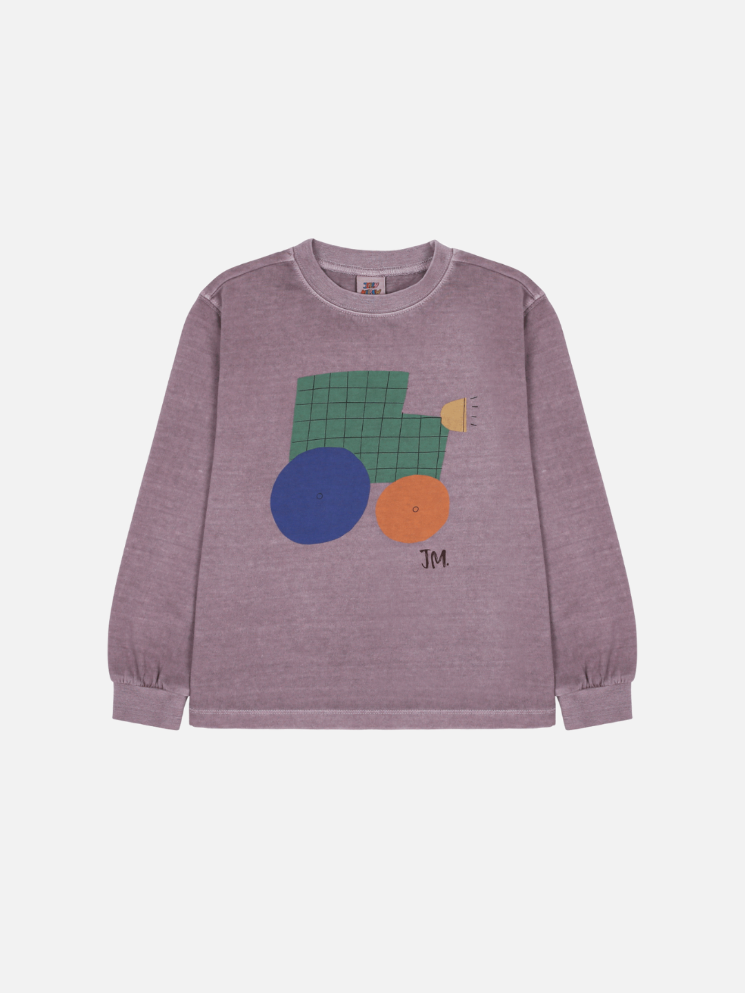 The TRACTOR PIGMENT LONGSLEEVE T-SHIRT is a purple sweatshirt with abstract geometric designs, such as a green grid square, blue and orange circles, and "JM" initials at the bottom.