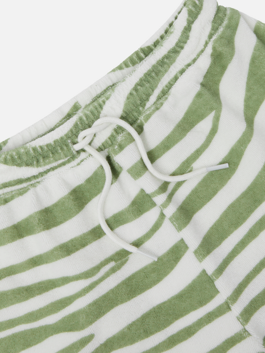 Second image of Tiger | A front view of the kid's terry towel shorts in green tiger