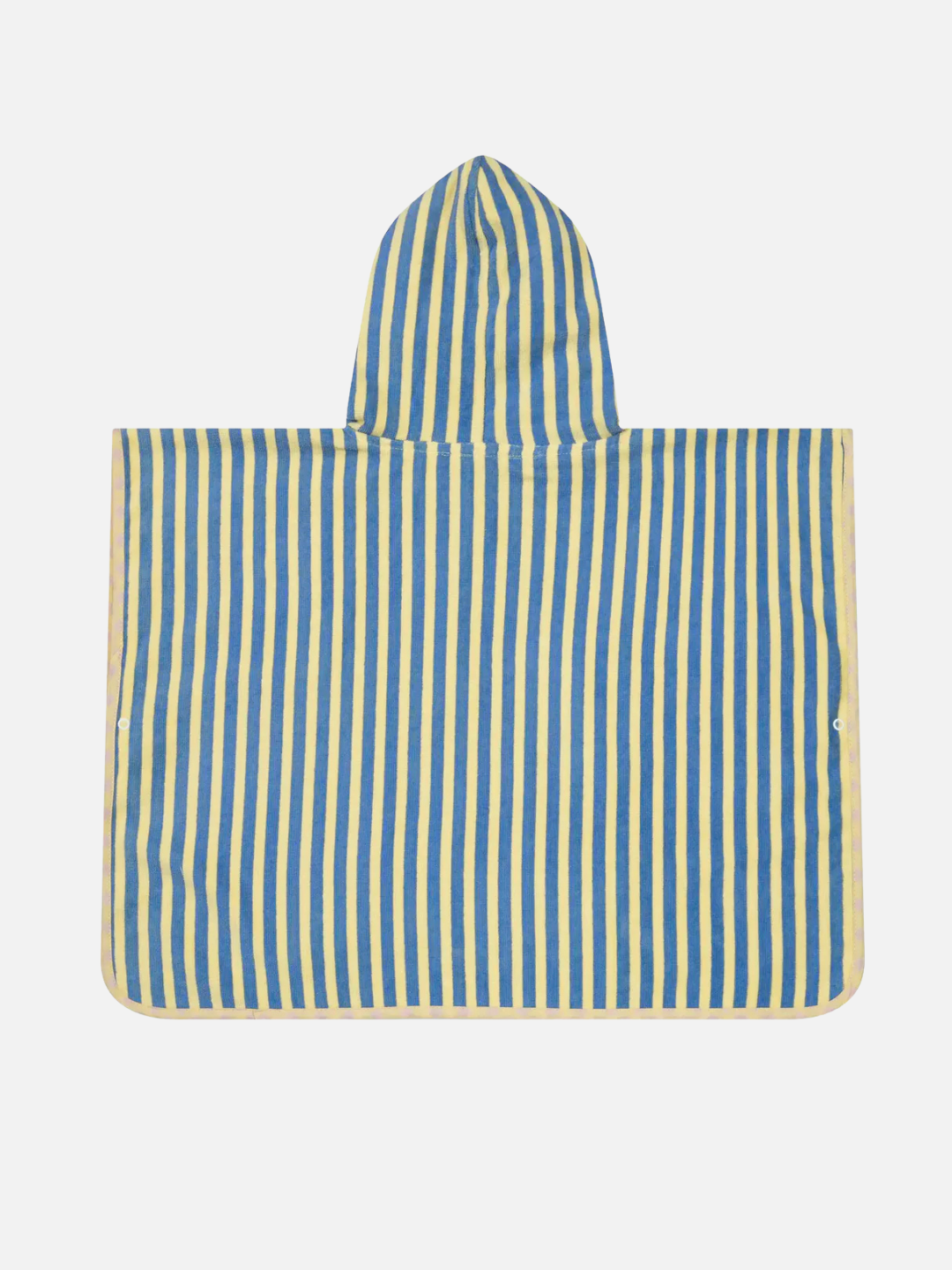 Yellow | The STRIPED PONCHO is a hooded toweling garment with vertical blue and yellow stripes, displayed flat on a white background.