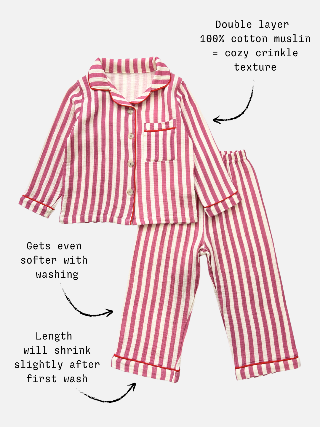 Pink Stripe | Experience comfort with the MOVIE NIGHT SET, a red and white-striped cotton muslin set featuring a button-up top and pants. The soft texture, crinkle pattern, breathable fabric ensure ease. Includes notes on washing effects and product dimensions for your convenience.