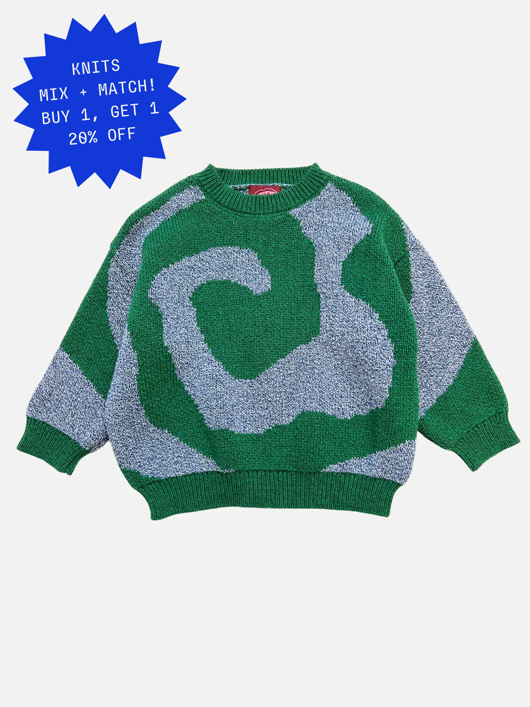 Green/Blue | The SWIRL SWEATER in Green/Blue is an oversized knit with an abstract swirling pattern and ribbed cuffs, collar, and hem.