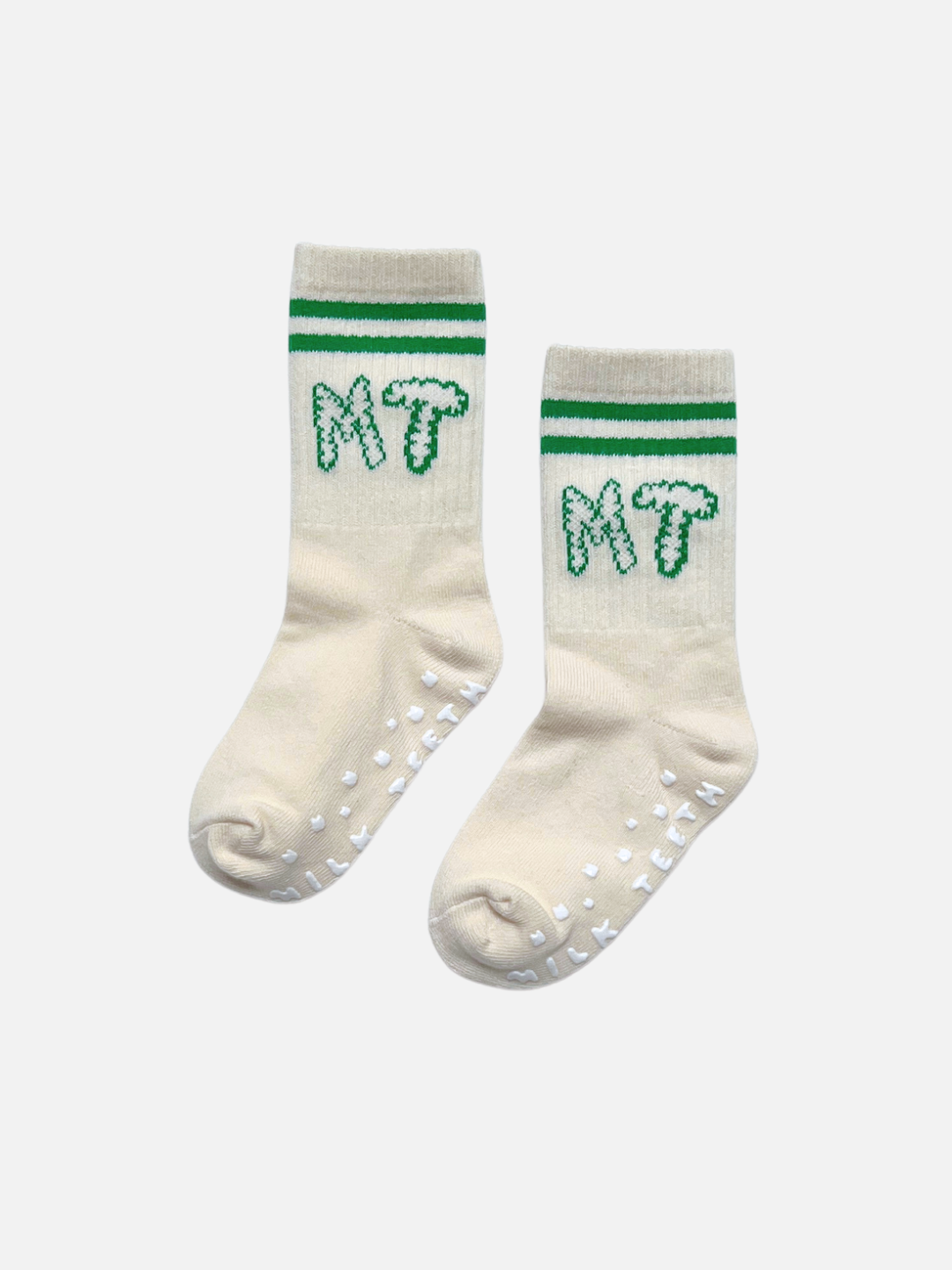 Green | Pair of cream socks with green stripes and 'MT' lettering on a white background