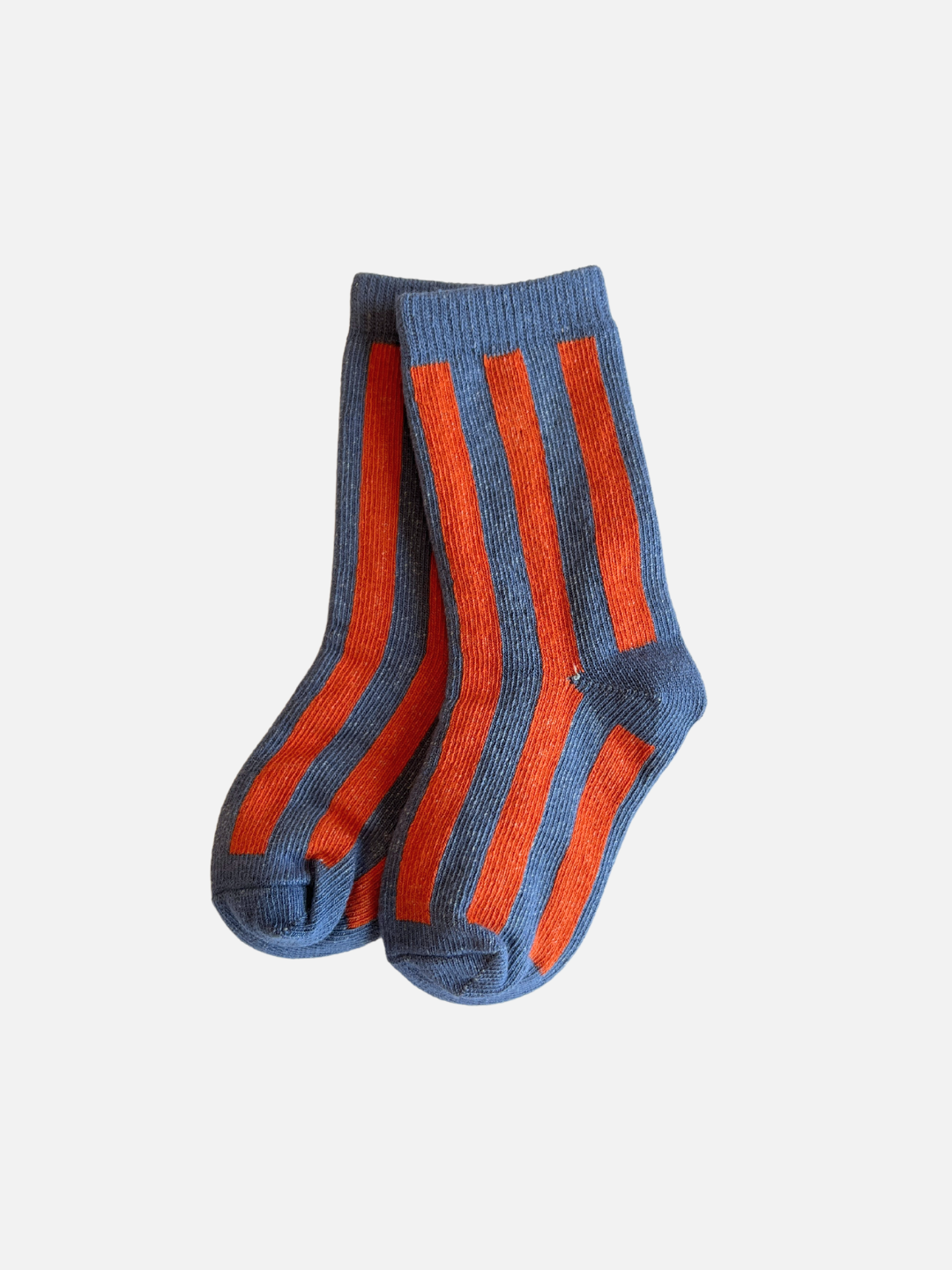 Slate | A pair of comfy, stripy socks with a slate base and orange vertical stripes, made from stretchy cotton, placed against a white background. The product is named STRIPE SOCK.