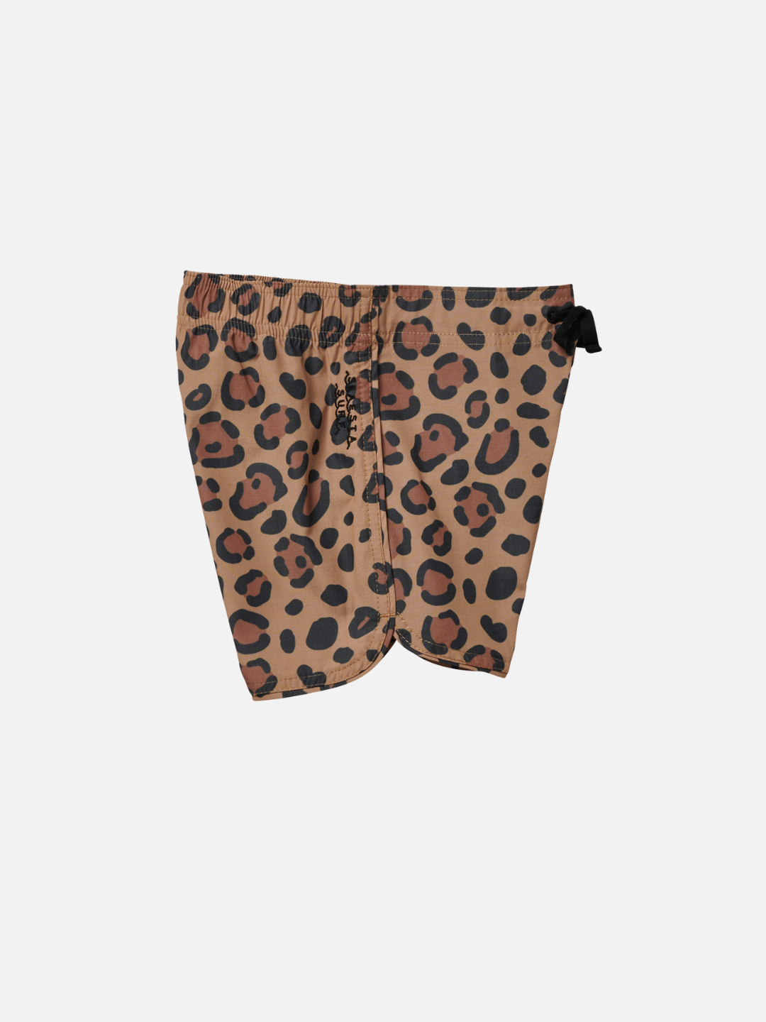 CALICO CRAB BOARDSHORTS with scalloped-hem leopard print, featuring an elastic waistband and a black drawstring on the left side.