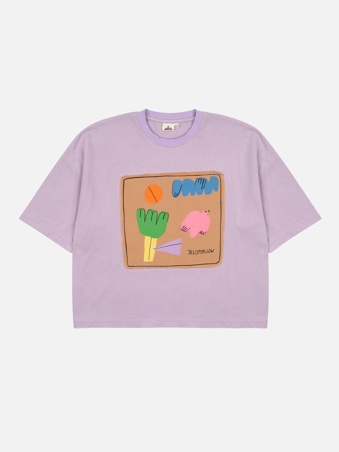 Front of Frame T-Shirt. Brown rectangle with colorful shapes within its borders against a light purple background.