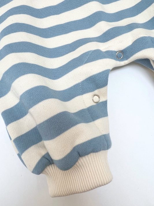 Second image of Blue and white striped baby romper on a white background