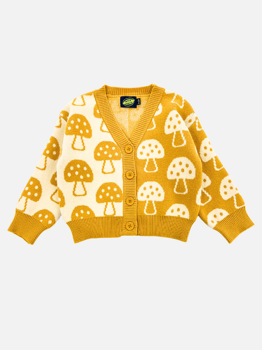 Image of The SHROOM CARDIGAN, a mustard yellow cardigan adorned with beige mushroom patterns, featuring a V-neck and three buttons down the front, is perfectly described in detail for clarity.