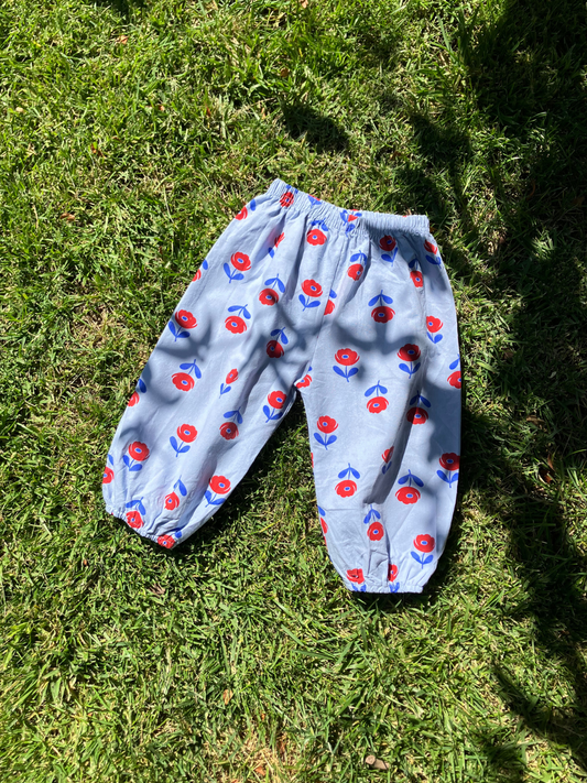 Second image of Front view of Baby Blossom Pant. Light blue pant with red flower with dark blue stem print all over. 