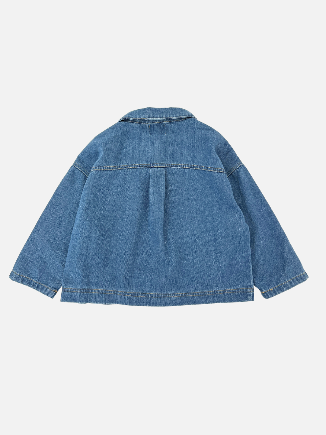 Medium Wash | Back view of the STRIPE POCKET CHORE COAT, a blue cotton denim jacket featuring pleated detailing in the center and long sleeves, displayed on a white background.