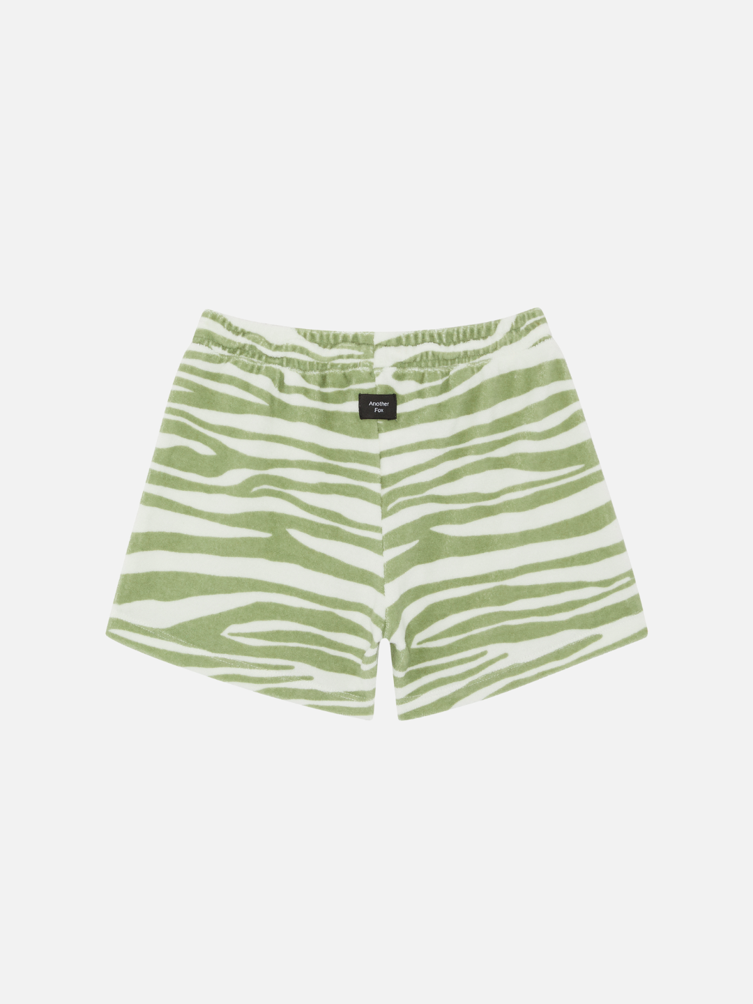 A back view of the kid's terry towel shorts in green tiger