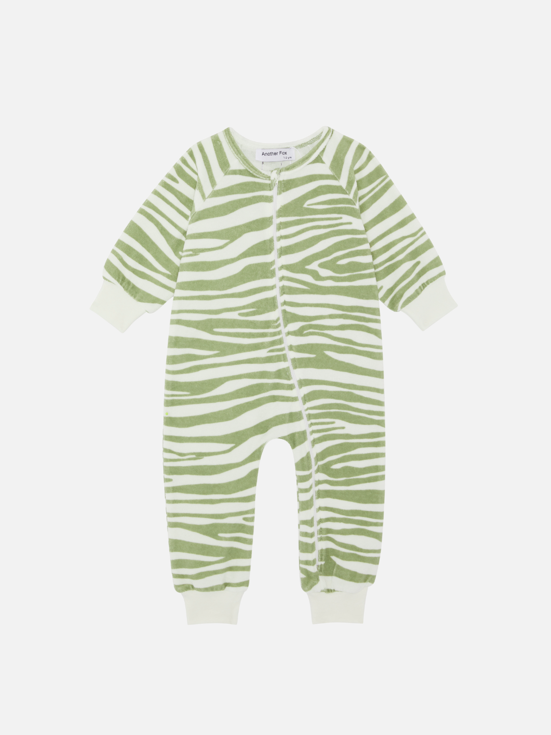 A front view of the baby terry towel sleep suit in green tiger print