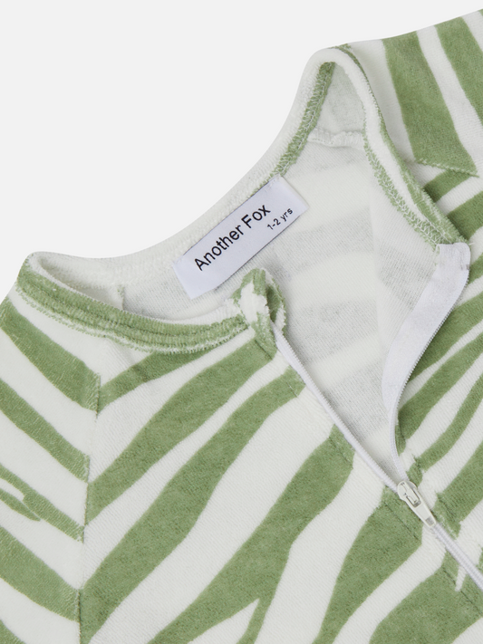 Second image of Tiger | A front view of the baby terry towel sleep suit in green tiger print