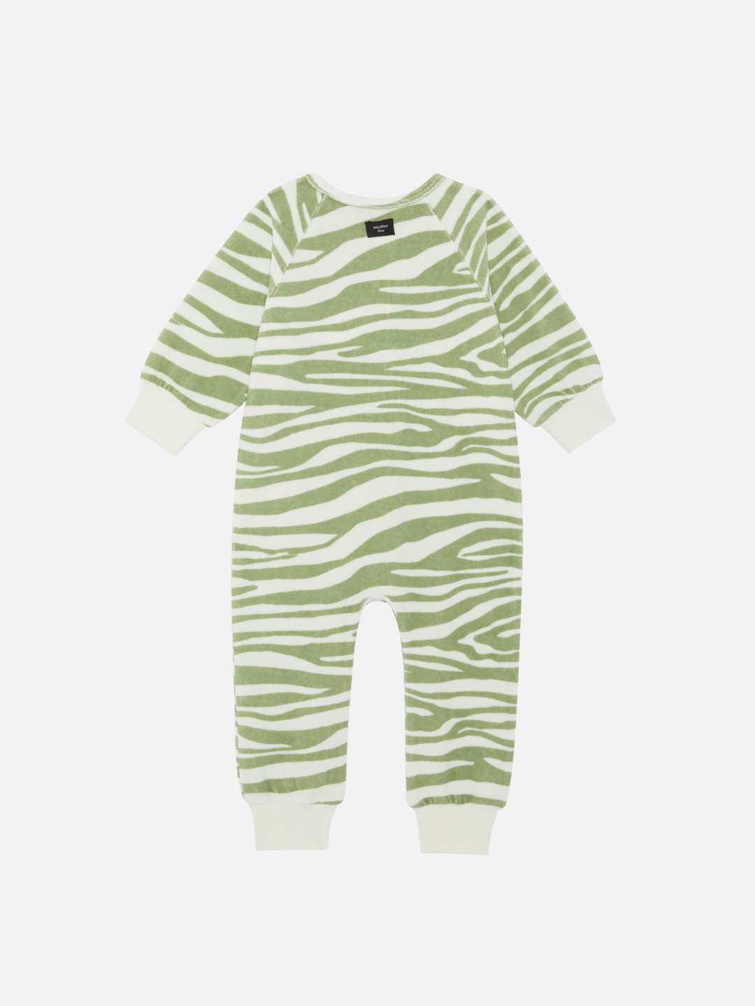 A back view of the baby terry towel sleep suit in green tiger print