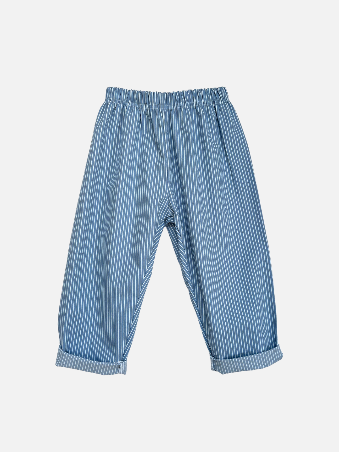 Front view of kids light blue pants with narrow white vertical stripes, cuffed at the ankle.