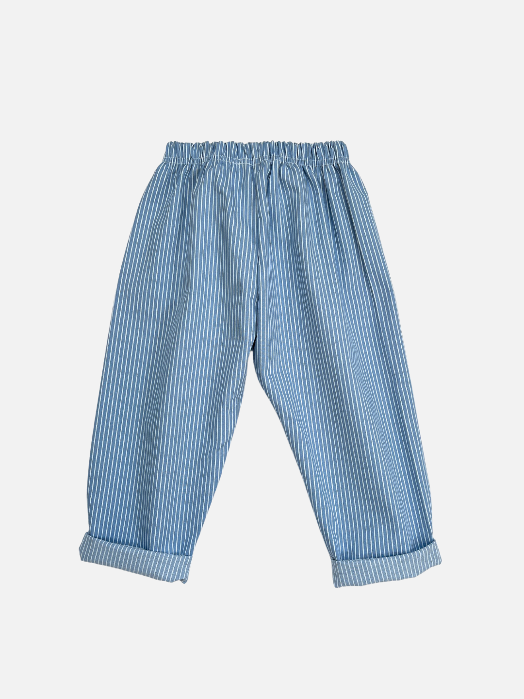 Sky | Back view of kids light blue pants with narrow white vertical stripes, cuffed at the ankle.
