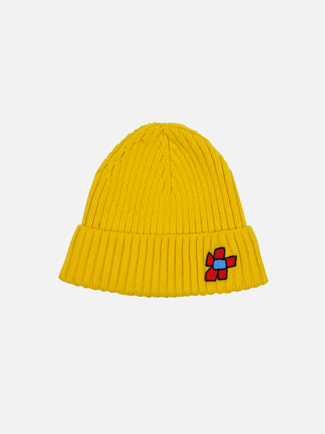 The FLOWER BEANIE is a yellow knit beanie with a folded brim and a small colorful embroidered design on the front right side, making it perfect for merchandising.