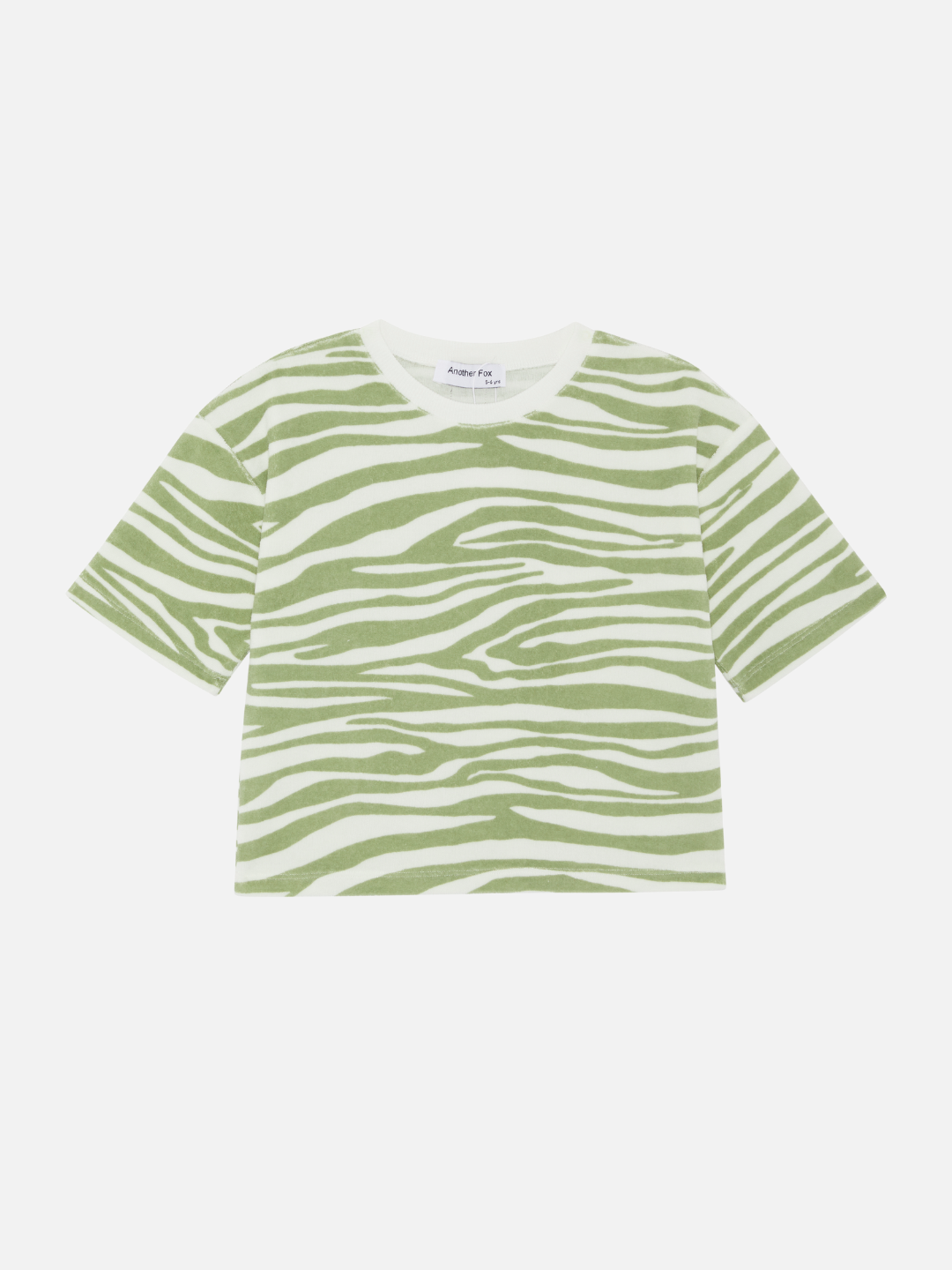 A front view of the kid's tee in green tiger print