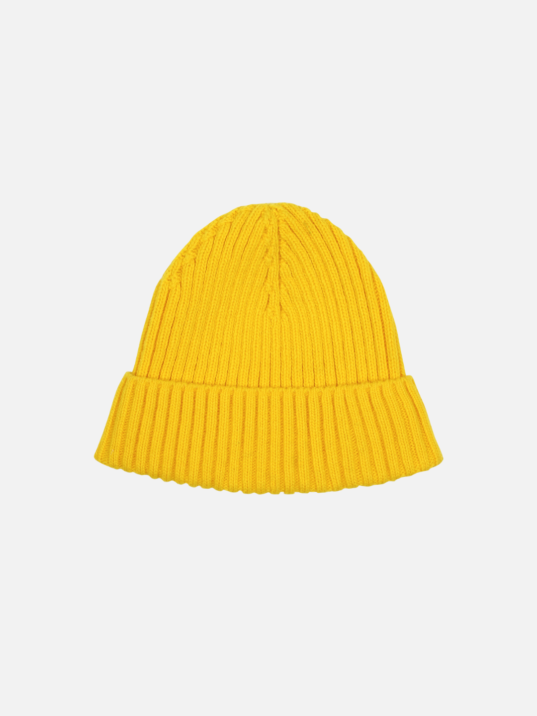 A bright yellow FLOWER BEANIE featuring a ribbed knit design and a folded brim, perfect for merchandising, displayed against a plain white background.