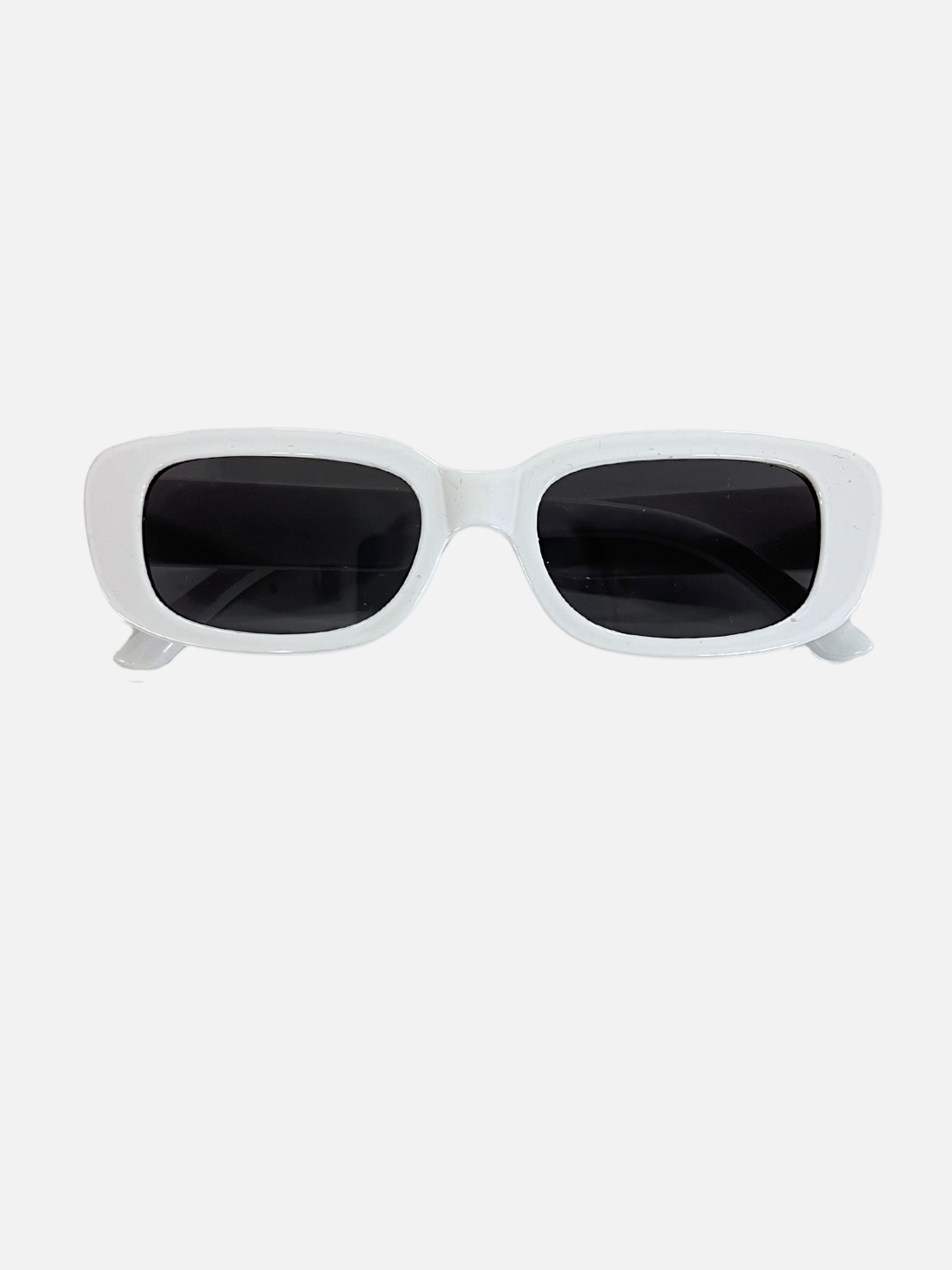 White | The SANTA CRUZ SUNGLASSES are sleek, white rectangular frames with UV400 black-tinted lenses, set against a plain background, designed for ages 2-6.