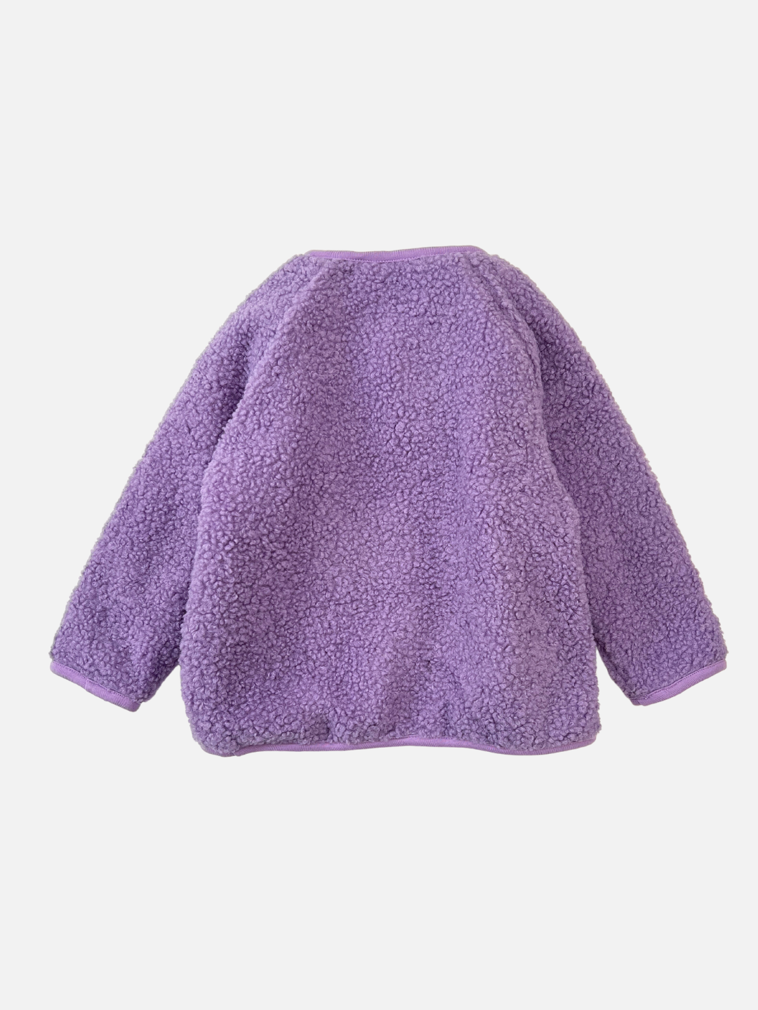 Lavender | Back view of a kids purple collarless fleece jacket.