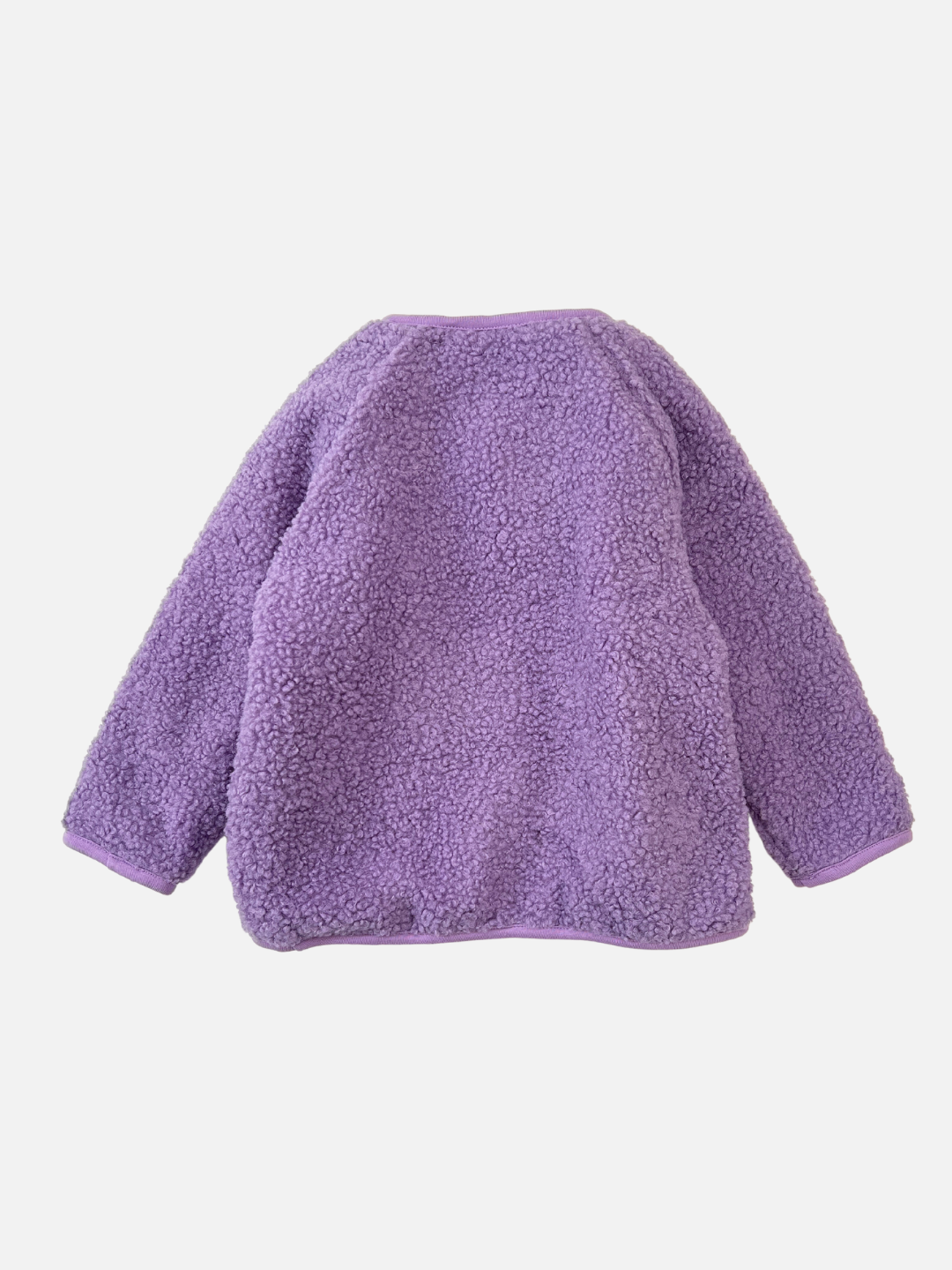 Back view of a kids purple collarless fleece jacket.