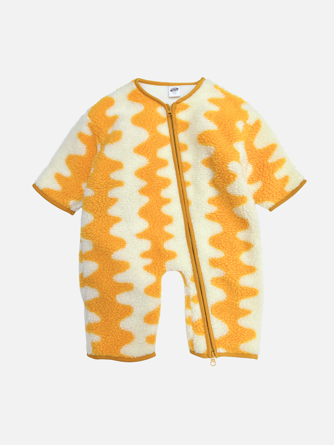 The WAVELENGTH SHERPA FLEECE STROLLER SUIT is a yellow short-sleeve, zip-up romper with a wavy zigzag pattern on cozy sherpa fleece, perfect for playful winter layering, shown against a plain white background.