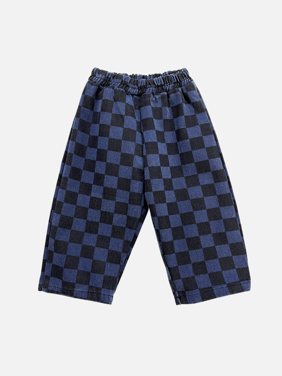 Blue | Blue checkerboard CASPER PANTS with an elastic waistband, laid flat on a white background.