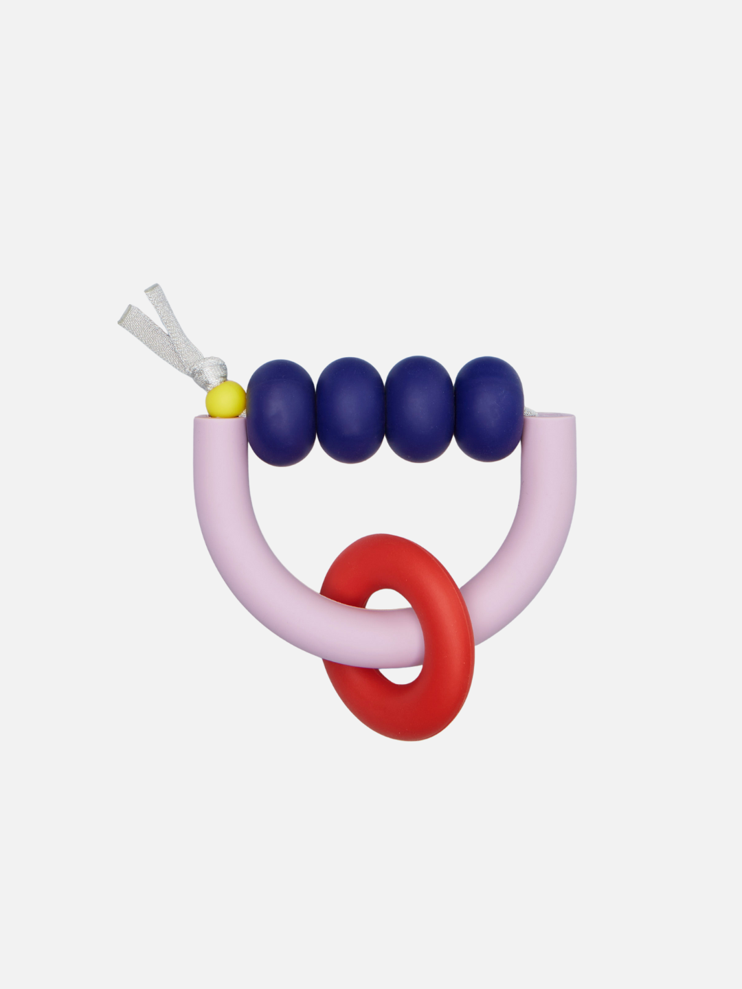 The MT X JM ARCH RING TEETHER is a sensory-friendly teether featuring four purple beads, a curved handle, a red ring, yellow bead, and white looped ribbon—proudly crafted by a trusted US-made brand.