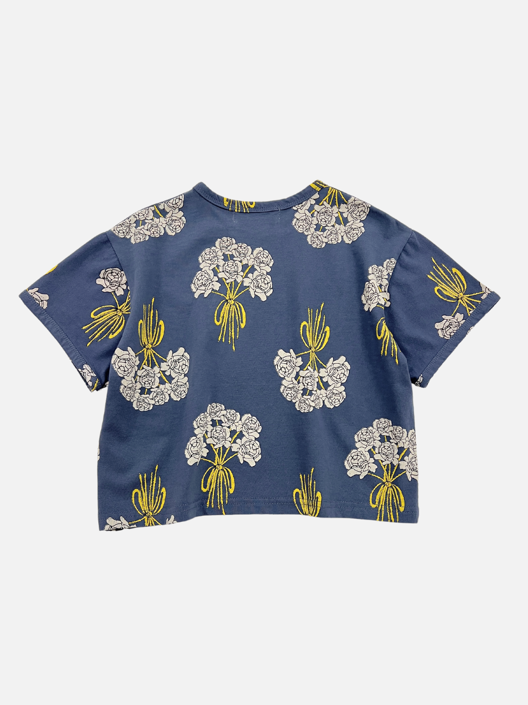 Navy | A back view of the kids' Bouquet Tee in Navy. Navy background with white bouquets of roses all over. 